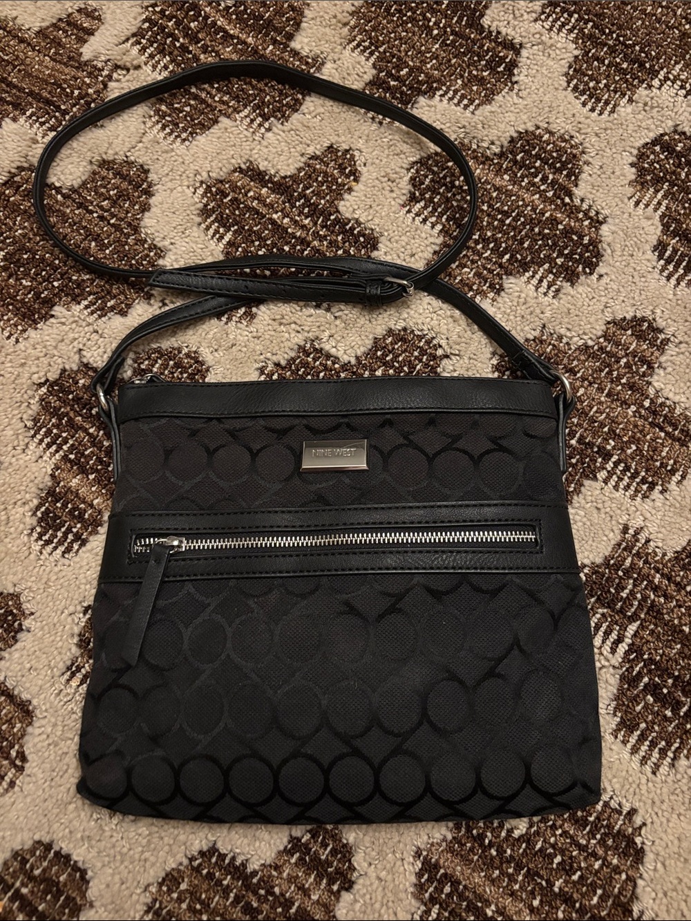 Nine West Black Patterned Crossbody Bag with Front Zip